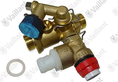 Vaillant Wartungshahn mit Anschlussstück, aus Messing mit verschiedenen Anschlüssen und Dichtungsring, sichtbar im Bild.